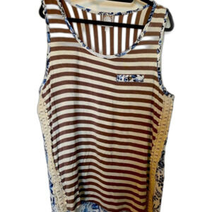 Tru Self Women’s Blue Floral Brown‎ White Striped Tank Top Shirt Size 1X